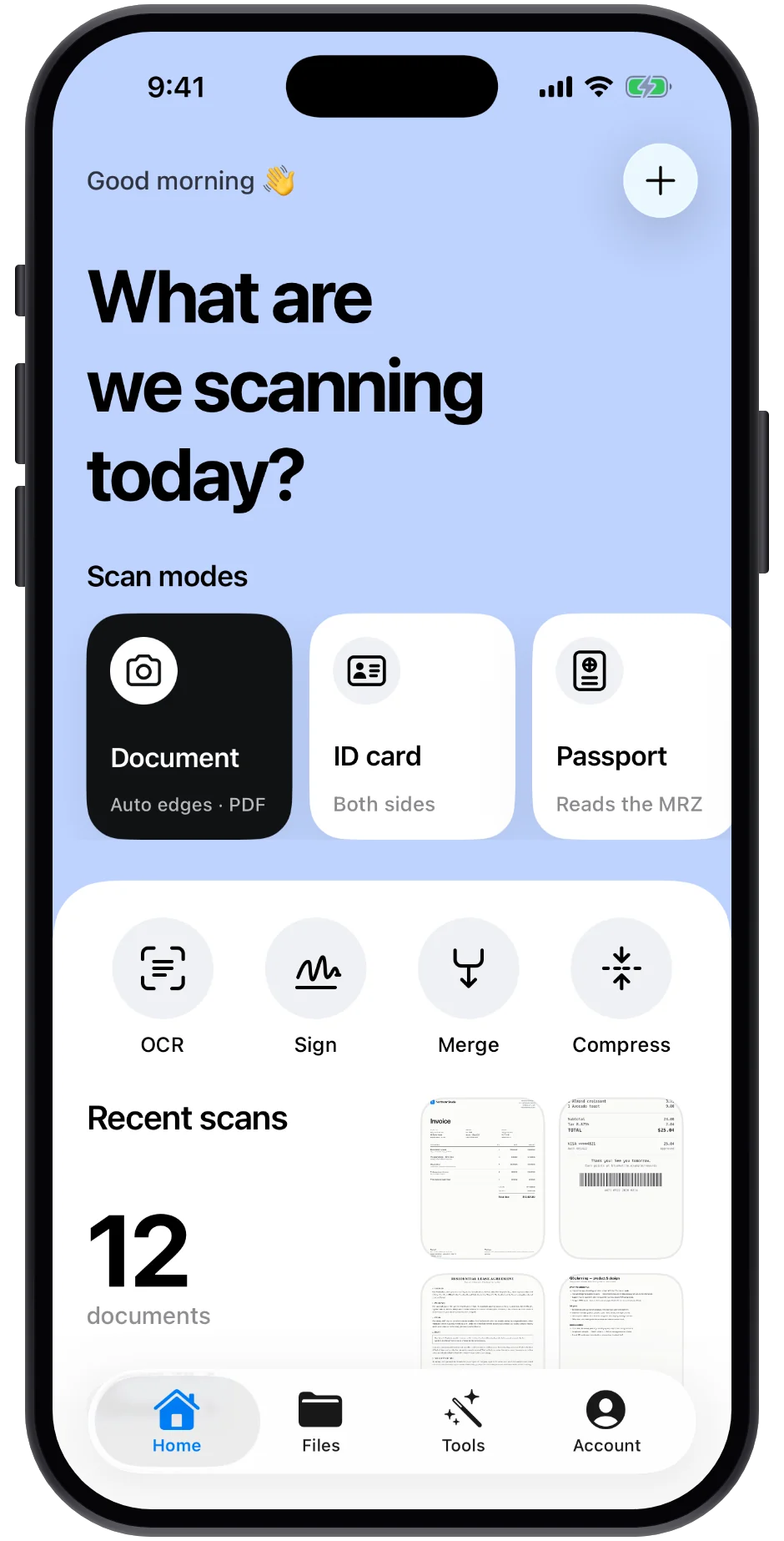 The LexiGrasp home screen: scan modes, quick tools and recent scans