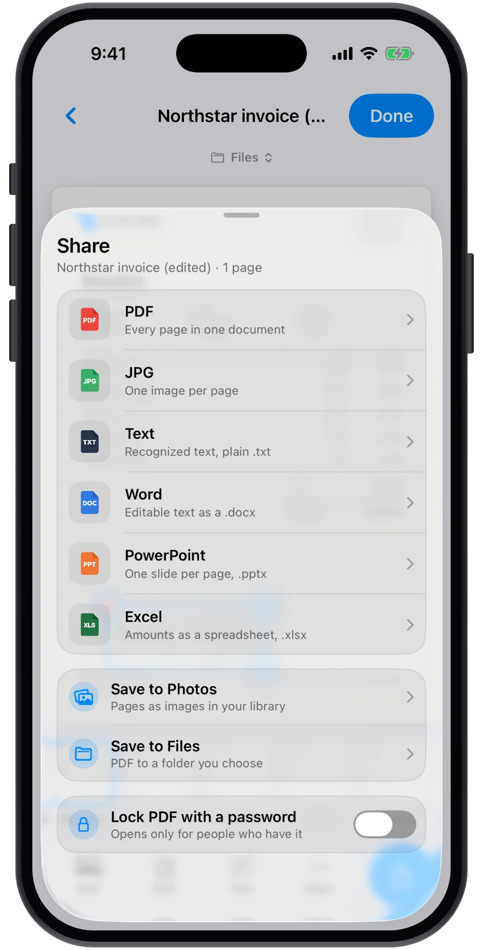 The share sheet listing PDF, JPG, Text, Word, PowerPoint and Excel exports